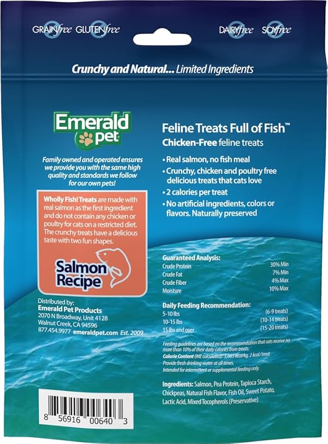 Emerald Pet Wholly Fish! Chicken-Free Feline Treats, Salmon Recipe — Tasty and Crunchy Salmon Cat Treats — Chicken-Free, Grain Free, Natural Cat Treats — Made in USA, 3 oz