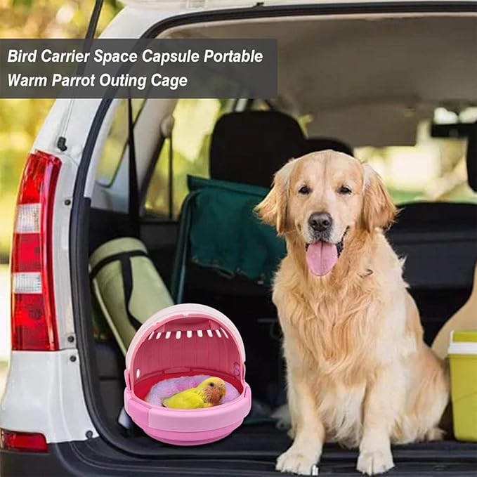 Mikikit Portable Parrot Carrier Cage with Pink Plush Nest, Small Handheld Travel Cage for Budgerigar and Young Birds, Warm Space Capsule Bird Carrier for Pet Parakeets