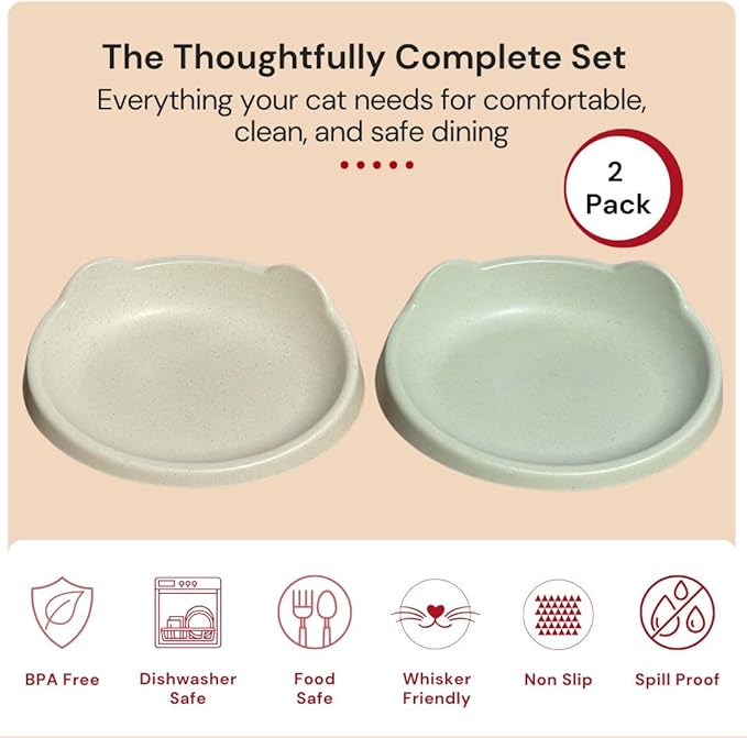 7 Ruby Road Anti Whisker Fatigue Cat Bowl, Set of 2 - Wide Food Bowls, Wet and Dry Shallow Food Dish, Small Cat Dishes for Indoor Cats, Cute Kitten Bowls Whisker Friendly & Relief, Non-Slip Plates