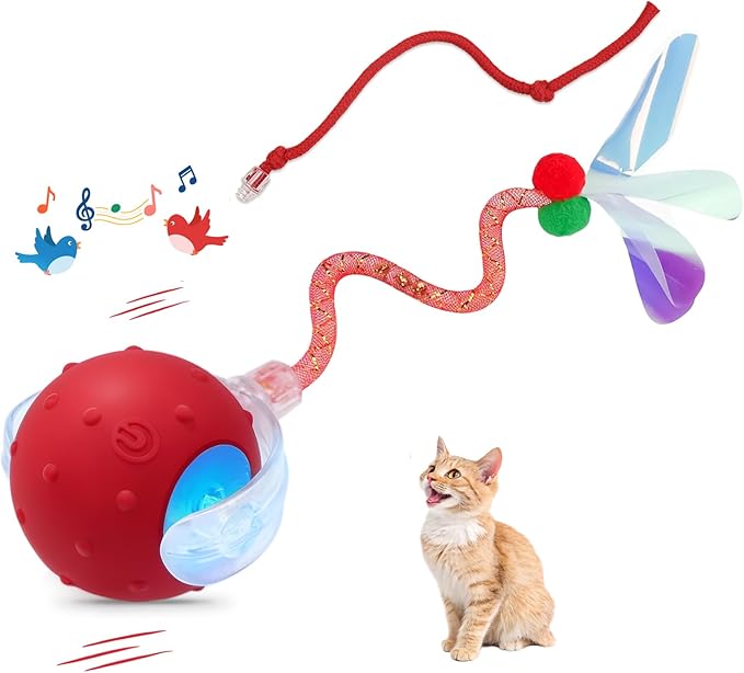 Interactive Cat Ball Toy, Chirping Motion Activated Electric Rechargeable Cat Toy with 2 Replaceable Tails, Self Play Hunting Rolling Indoor Cat Toys for Bored Adult Cats & Kittens - Boredom Busters