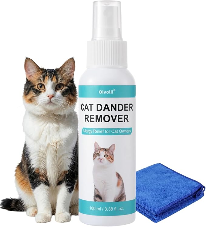 Cat Dander Remover Spray – Natural & Safe Allergy Relief for Cats & Humans, Relieves Itchy Skin & Reduces Dander – Includes 2 Spray Heads & Cleaning Cloth