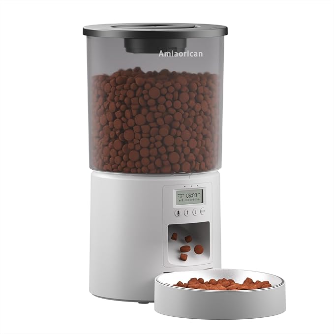 Automatic Cat Feeder for 2 Cats,6 Meals/Day,Dual Power,Dry Pet Food Autofeeder Portion Control,Timer Setting,10S Voice Record (Transparent White, 4.2L-Stainless Steel 2 Bowls)