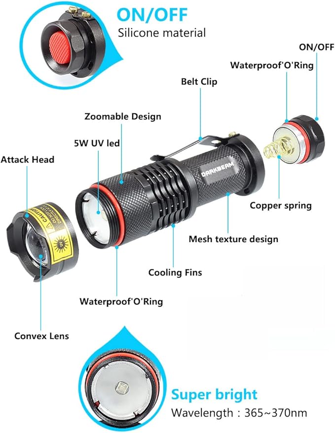 DARKBEAM UV 365nm Light Wood's lamp Blacklight Ultraviolet Flashlight LED Portable Mini Handheld Torch Detector for Dog Urine Pet Stains 370nm Anti-counterfeiting Identification, Resin Curing