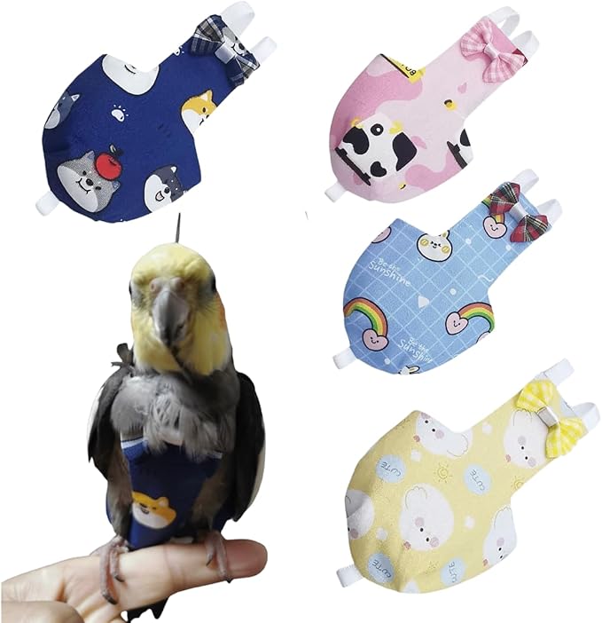 Bird Diaper Protective Parrot Nappy - 4 Pack, Reusable Flight Suit with Waterproof Inner Layer, Adjustable Shoulder Straps, Washable Cute Urine Wet Suit for Parakeet Conure (XXS-Pacific Parakeet)