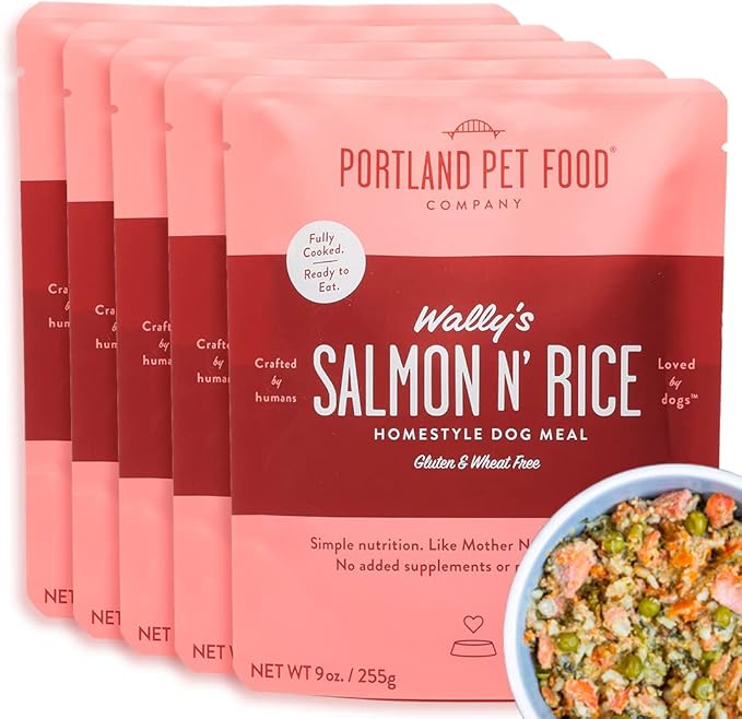 Portland Pet Food Company Fresh Dog Food Pouches Human-Grade Toppers Wet Pet Meal & Mix-Ins - Gluten-Free Limited Ingredient Wally’s Salmon N’ Rice - Large & Small Breed, Puppy to Senior - 5 Pack