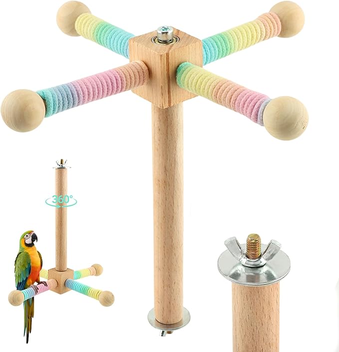 Spinning Bird Perch Toy, Interactive Wooden Exercise Stand with 4 Rotating Perches for Parakeets, Budgies, Cockatiels, Conures & Small Medium Parrots(Colorful,Size:/)