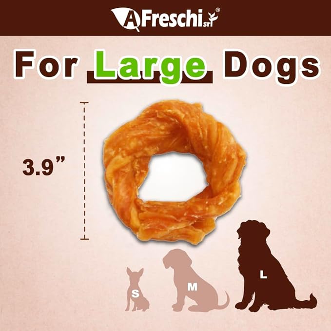 A Freschi srl Turkey Tendons for Dogs, USA-Sourced, Healthy Dog Treats, Rawhide-Free Puppy Chews, Long Lasting, All Natural, Hypoallergenic Dog Treats for Large Breeds, 10 oz Pack Ring (L)