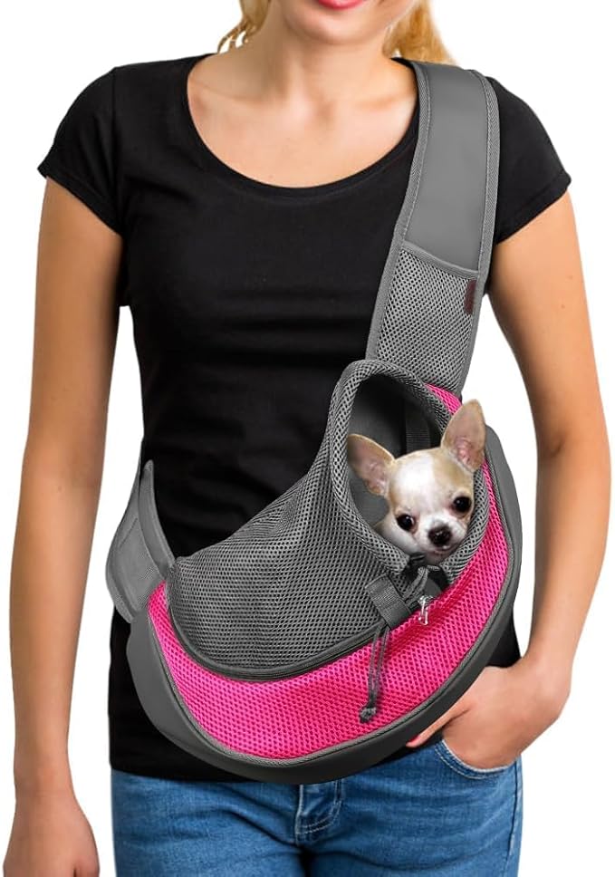 YUDODO Pet Sling Carrier for 2-5 lbs Small Dogs & Cats – Hands-Free Puppy Carrier with Safety Hook, Large Zipper Pocket, Soft Breathable Mesh, Adjustable Strap & Reflective Strip (Pink 1.0 S)
