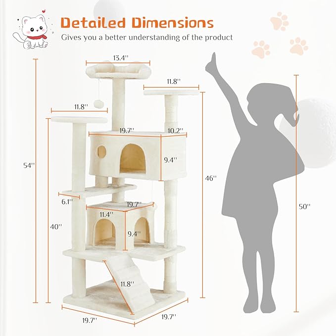 Sweetcrispy 54 Inch Cat Tree Tower, Multi-Level with Cat Scratching Post, Indoor Cat Condo with Climbing Ladder, Plush Toy, Play House for Cat, Beige