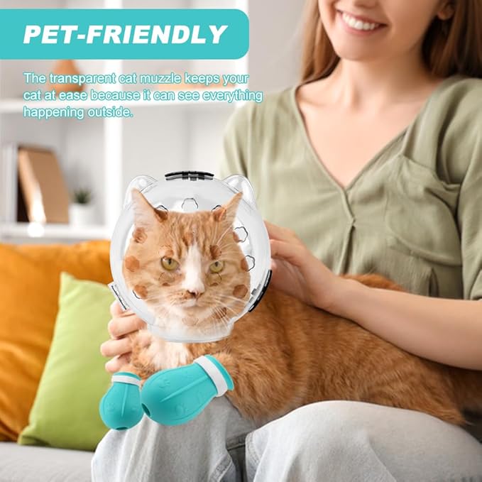 Breathable Cat Muzzle with Anti-Scratch Silicone Boots, Adjustable Transparent Helmet & Grip Socks for Grooming, Vet Visits, and Nail Trimming(Size:L)