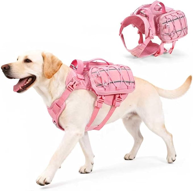 Large Dog Harness Backpack, No Pull Adjustable Dog Vest with Handle & Leash Ring, Lightweight Dog Backpack with Side Pockets for Walking, Training & Day Hikes, Pink, L