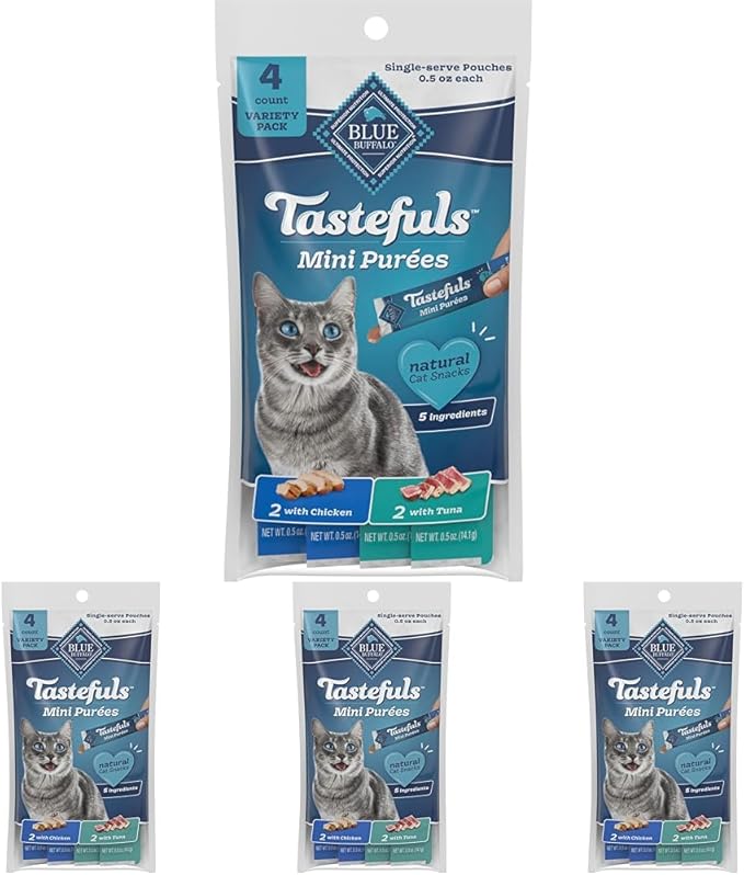 Blue Buffalo Tastefuls Mini Purées, Adult Cat Natural Single-Serving Snack, 4-Count Variety Pack Chicken and Tuna, 0.5 oz. (Pack of 4)