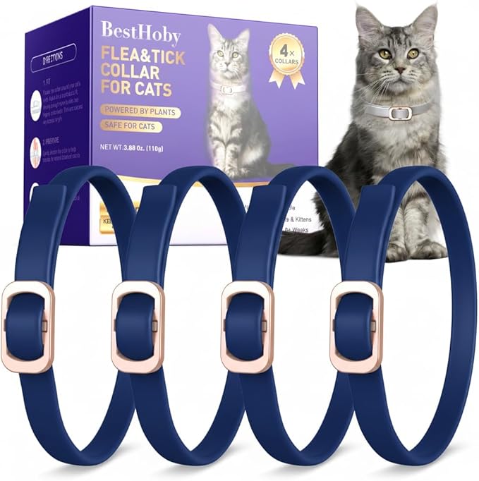 Flea and Tick Collar for Cats (4 Pack), Plant-Powered with Natural Essential Oils, Water-Resistant, Adjustable for All Cats & Kittens (Blue)