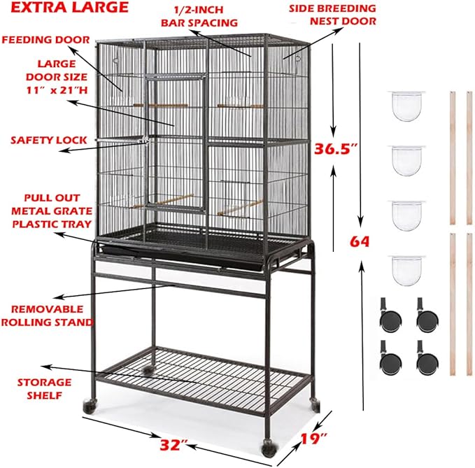 Extra Large 32" x 19" x 64"H Wrought Iron Metal Bird Flight Breeder Cage with Side Breeding Nest Doors with Removable Rolling Stand