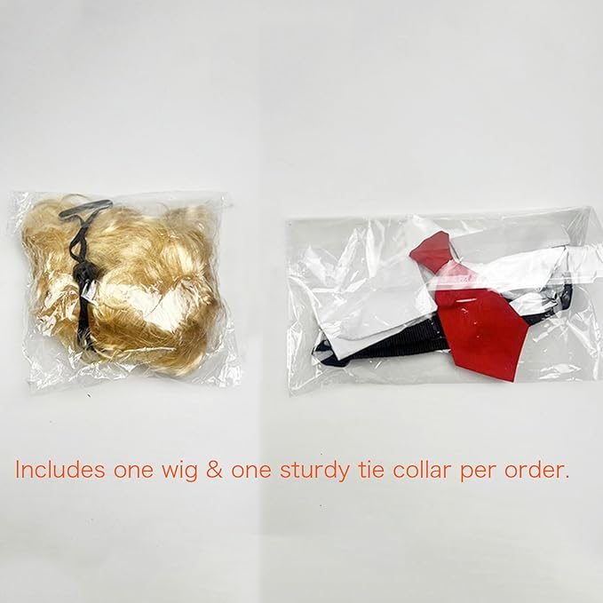 Funny Blonde Dog Wigs and pet Collar with red tie Set Large Dog Costume for Halloween Cat and Small Animal Costume
