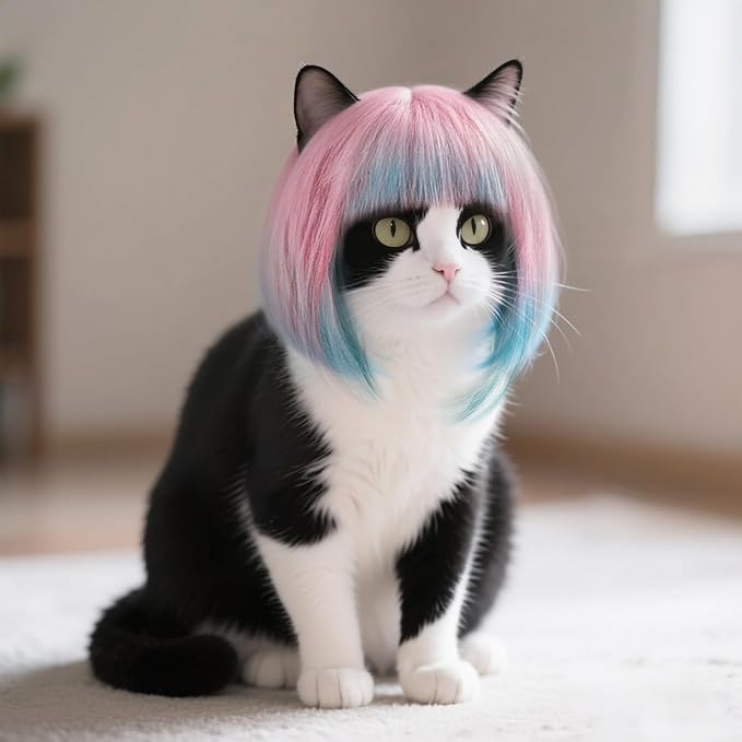 Idepet Cat Wig, Pet Wig for Dogs & Cats Adjustable Fit, Mixed Blue & Pink Wigs for Cat Halloween Cosplay Party