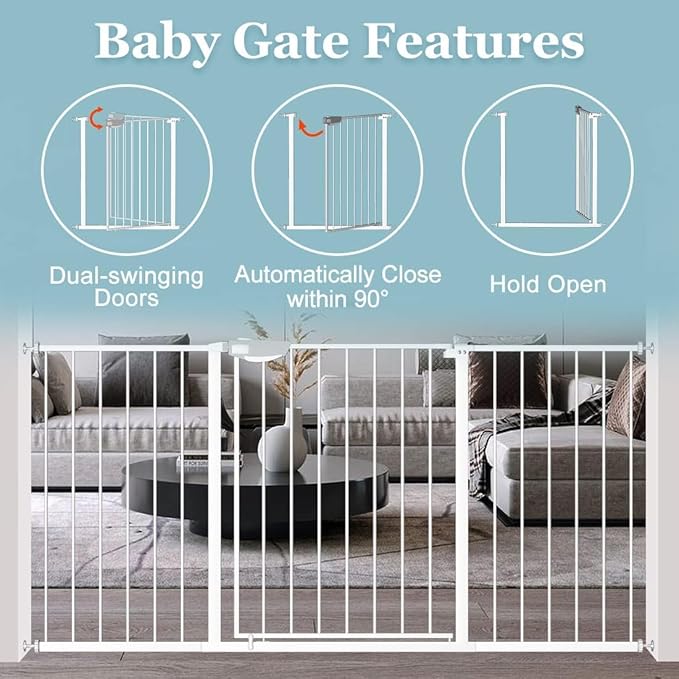 WAOWAO Triple Lock 77.17-84.65" Baby Gate Extra Wide Pressure Mounted Walk Through Swing Auto Close Safety White Metal Dog Pet Puppy for Stairs,Doorways,Kitchen