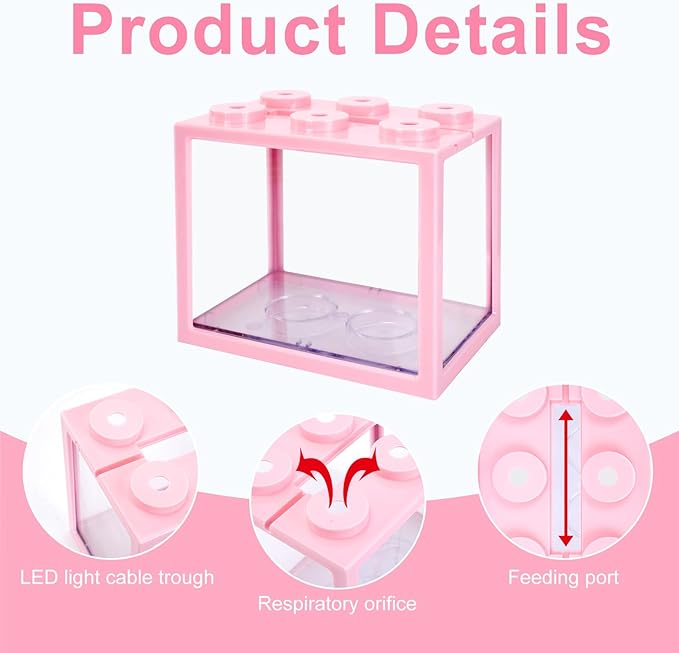 JIABEIUS 2 PCS Small Betta Fish Tank, 0.6 Gallon Mini Aquarium Tank, Pink Cube Fish Bowl, Desktop Stackable Tank for Small Fish, Insect, Shrimp, Turtle, Spider
