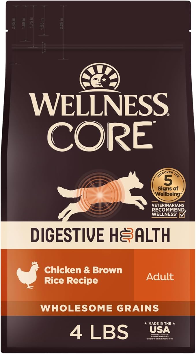 Wellness CORE Digestive Health Adult Dry Dog Food, Wholesome Grain Kibble, Sensitive Stomach, Natural, High Protein, Chicken Recipe, 4 lb Bag