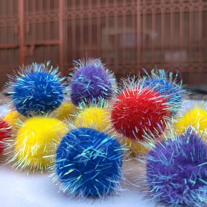 20 Pieces 1.6 inches Sparkle Pom Pom Balls for Cat - Interactive Glitter Balls, Multicolor, Best as Kitten Play Toys