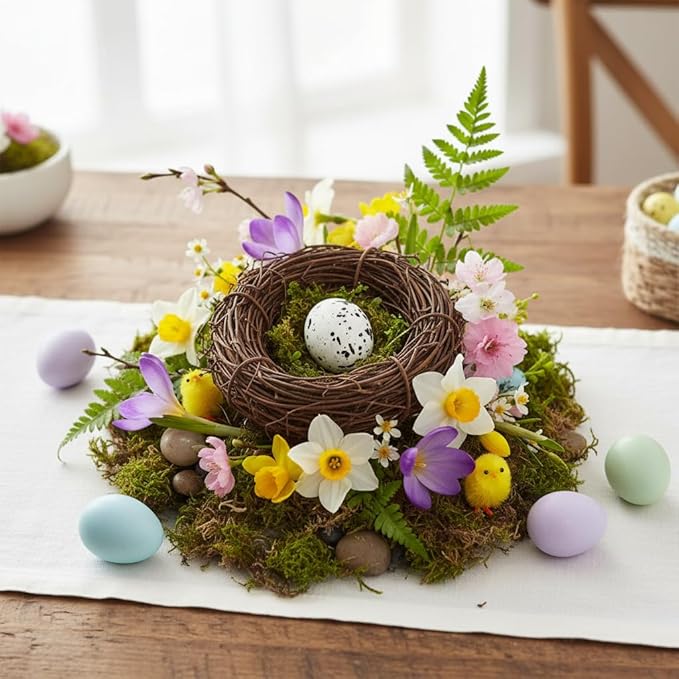 Jowxsx Artificial Bird Nest, Bird Nest with Artificial Bird Eggs, Country Style Simulation Twig Bird Nest for Handmade Easter Rattan Nest Easter Supplies Nests Birdcage Accessories