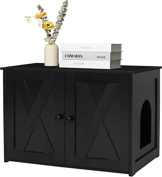 Dwanton Litter Box Enclosure, Cat Litter Box Furniture Hidden, Reversible Entrance Can Be on Left or Right Side, Wooden Cat Washroom Indoor, Black, 27.6 Inches