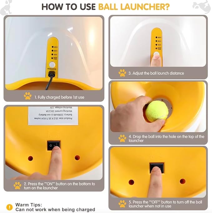 Dog Ball Thrower – Automatic Interactive Pet Tennis Ball Launcher with 6 Balls, USB Charging & Multiple Distance Settings Indoor & Outdoor Training & Play Toy for Small & Medium Dogs (Yellow)