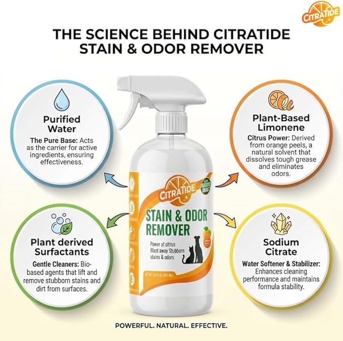 Pet Stain & Odor Remover Spray – Citrus Powered, Non-Toxic, Safe for Pets & Kids, Multi-Surface Cleaner for Carpet, Upholstery, Hardwood & More – USA Made Odor Eliminator