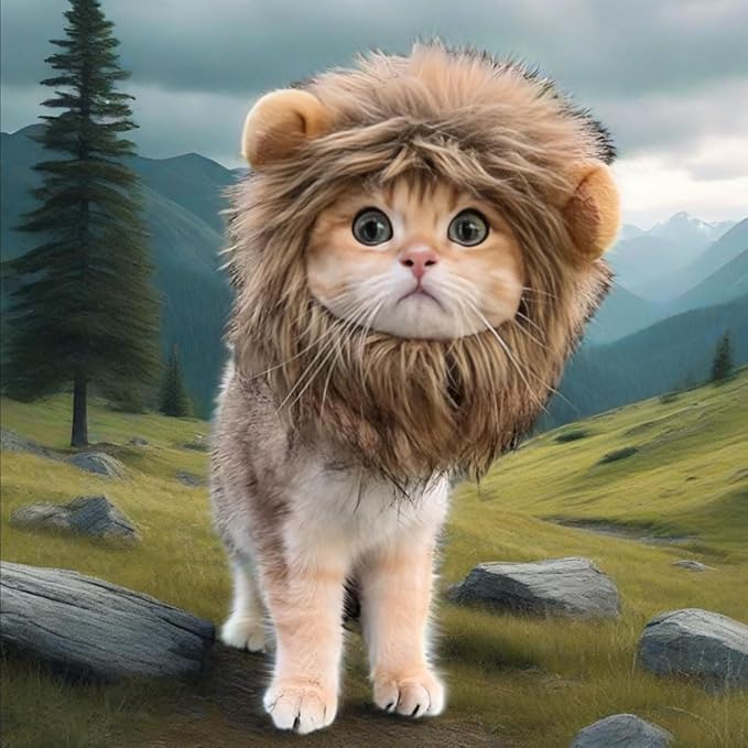2 pcs Small Code Costume for Cat Lion Mane Wig Set – Halloween Cat Costumes | Adjustable Washable Pet Lion Costume for Christmas, Easter, Parties (Brown, Purple)