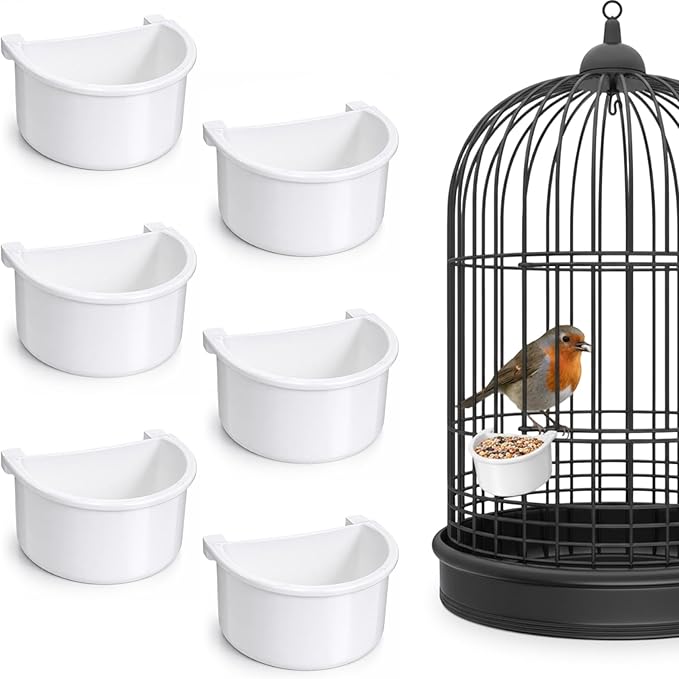6 Pcs Bird Feeder for Cage Plastic Bird Food Feeder Hanging Feeding Drinking Bowl Seed Container White Food Dishes Bowl for Small Birds Parakeet