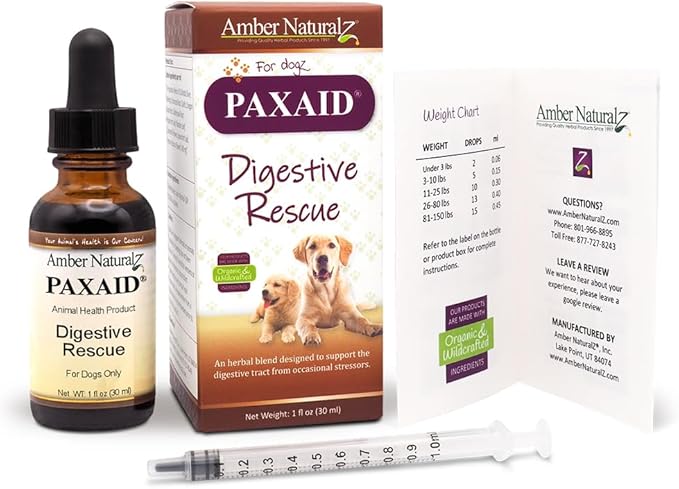 Amber NaturalZ Paxaid Digestive Rescue for Dogs and Puppies | Supports Normal Appetite, Gut Function, and Stool Consistency During Occasional Gastric Discomfort and Dietary Changes 1 Fluid Ounce