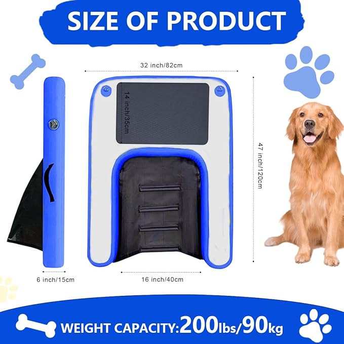 Inflatable Dog Boat Ramp, Non-Slip EVA Dog Float Floating Ramp Ladder for Pools Boats Docks, Safe & Easy Water Access for Large Dogs, Blue