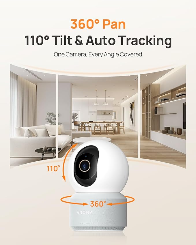 Anona 4K UHD Indoor Camera with 256GB SD Card, Pet/Dog/Baby Security Camera with Phone App, 360° Pan-Tilt, 2.4G/5G Wi-Fi 6, Auto-Tracking, Person/Pet/Baby Crying Detection, Privacy Mode, Two-Way Audio