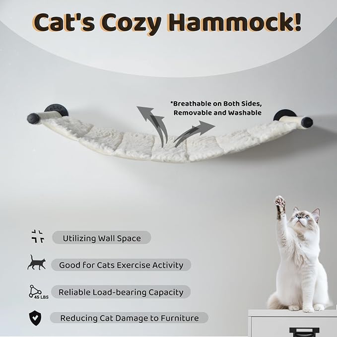 Cat Hammock Wall Mounted, 35.43 x 13.58 inch Wall Mounted Cat Shelves, Metal Brackets cat Beds for Sleeping, Playing, Climbing and Resting Stabilized Wall Furniture Soft and Warm Fabric