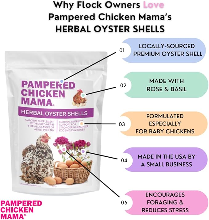 Pampered Chicken Mama Herbal Oyster Shells High Calcium Supplement for Pet Chickens, Ducks, and Other Poultry, Crushed Oyster Shells for Chickens with Herbs (6 POUNDS)