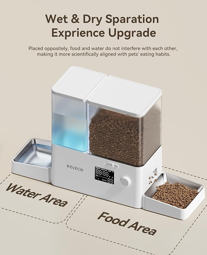 ROJECO Automatic Cat Feeder and Water Dispenser,36Cups/8.5L 2-in-1 Stainless Steel Bowls Large Capacity Cat Food Dispenser and Gravity Water Fountain for Cats Small Dogs Puppies Kittens Pets