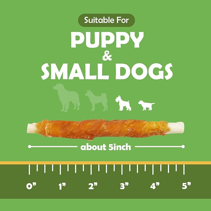 MON2SUN Dog Treats, 5 Inch Rawhide Twist Chicken Hide Sticks, Suitable for Puppy and Small Dogs, 5 Inch (Chicken, Pack of 25)