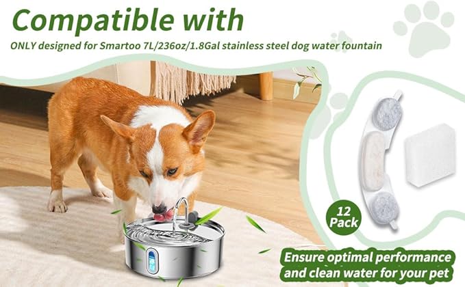 16 Sets Pet Dog Replacement Filters Compatible with Smartoo 7l/236oz/1.8G Dog Water Fountain, Water Fountain Filters for Stainless Steel Dog Water Fountain