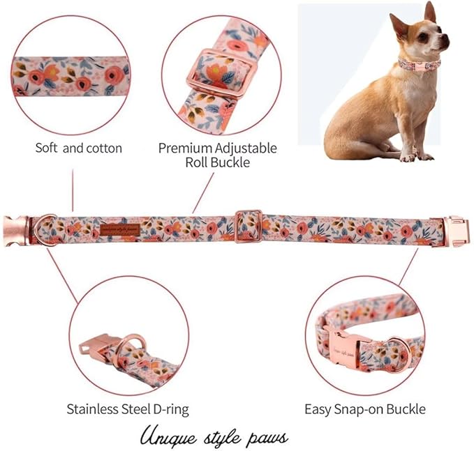 Unique style paws Dog Collar Metal Buckle Pink Rose Collar Flower Gift Durable Cute Collar for Small Medium Large Boys Girls Dogs