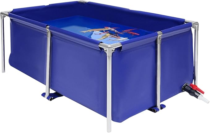 Canvas Fish Pond Foldable Water Storage with Steel Tubes & Drain Valve Blue Aquarium Pool for Koi Goldfish Tank Breeding Indoor Outdoors