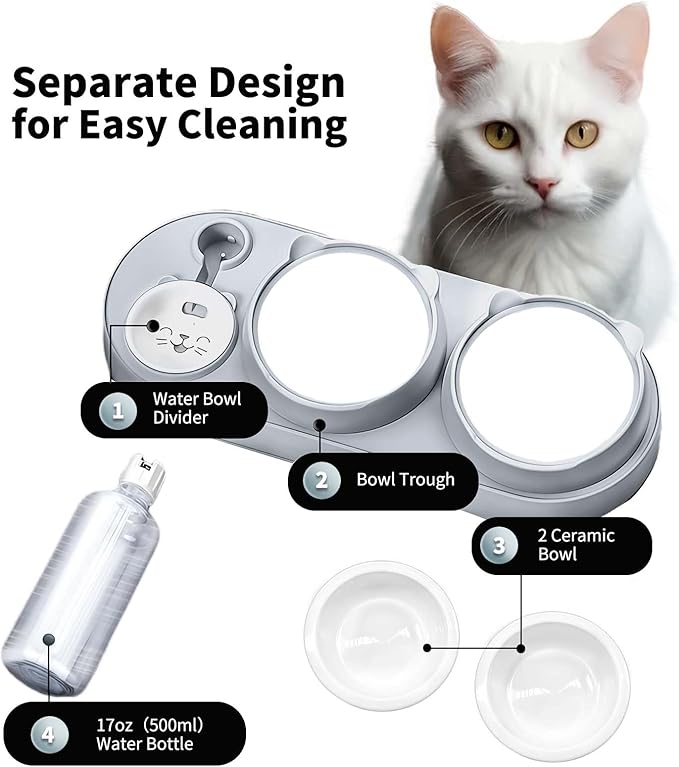 Marchul 3-in-1 Cat Bowl, Ceramic Food and Water Bowl Set, 15° Sloped Design, for Indoor Cats, Small Dogs, and Medium Dogs