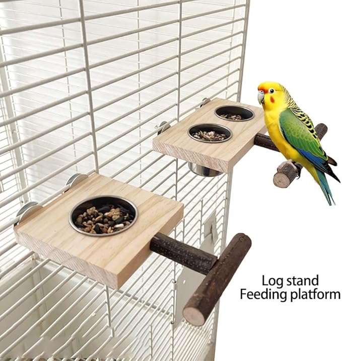 Bird Food Stainless Steel Cups Wooden Perch Stand Hanging Feeder Bowls Feeding and Watering Supplies for Parakeets Conures Cockatiels Budgie Parrot (with Two Cups)