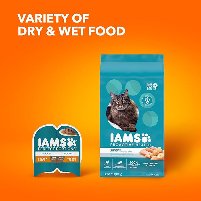 IAMS Proactive Health Dry Cat Food, Indoor Weight and Hairball Care Cat Food Dry Recipe, with Real Chicken in Every Bite, 22 lb. Bag