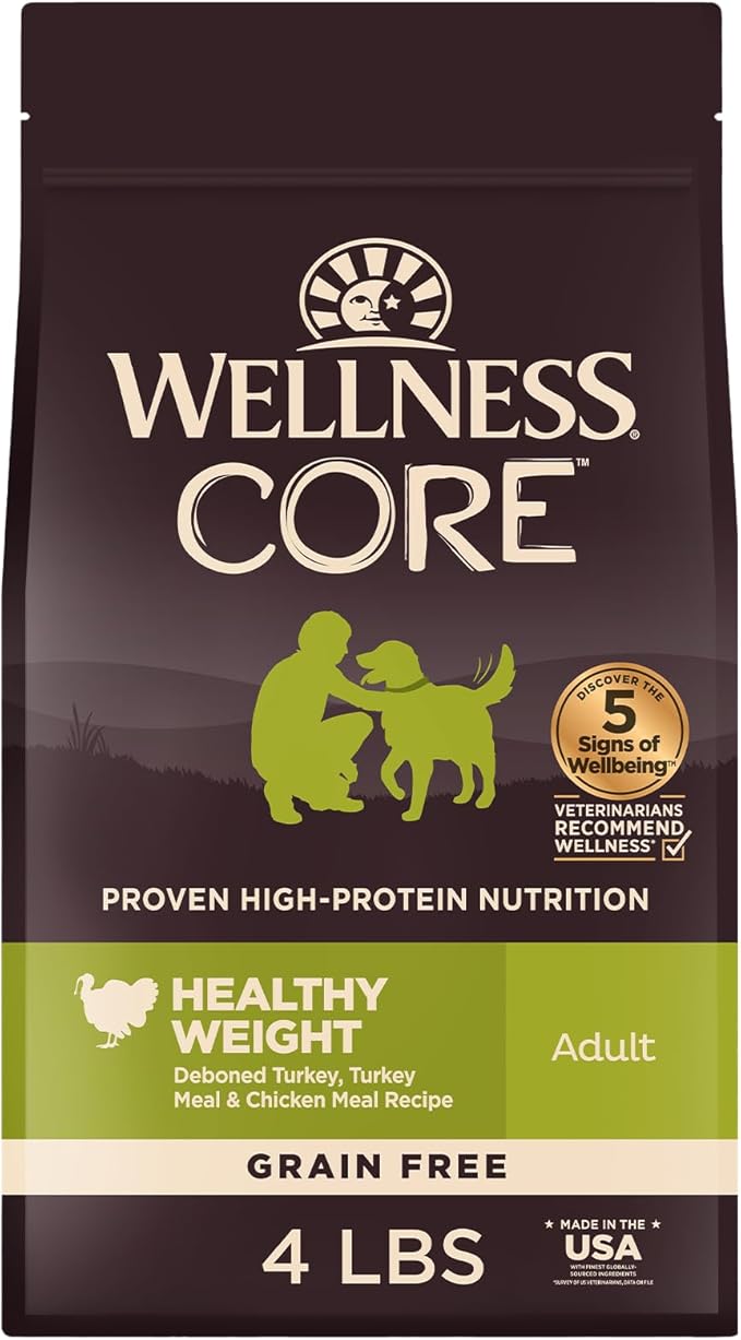 Wellness CORE Healthy Weight Adult Dry Dog Food, Grain Free Kibble, Natural, High Protein, Turkey and Chicken Recipe, 4 lb Bag