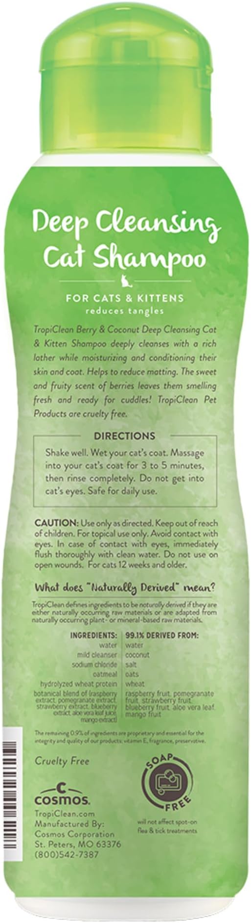 TropiClean Deodorizing Cat Shampoo for Smelly Pets, Long Lasting Odor Control, Kitten Safe, Made in The USA, Berry Scent, 12oz.