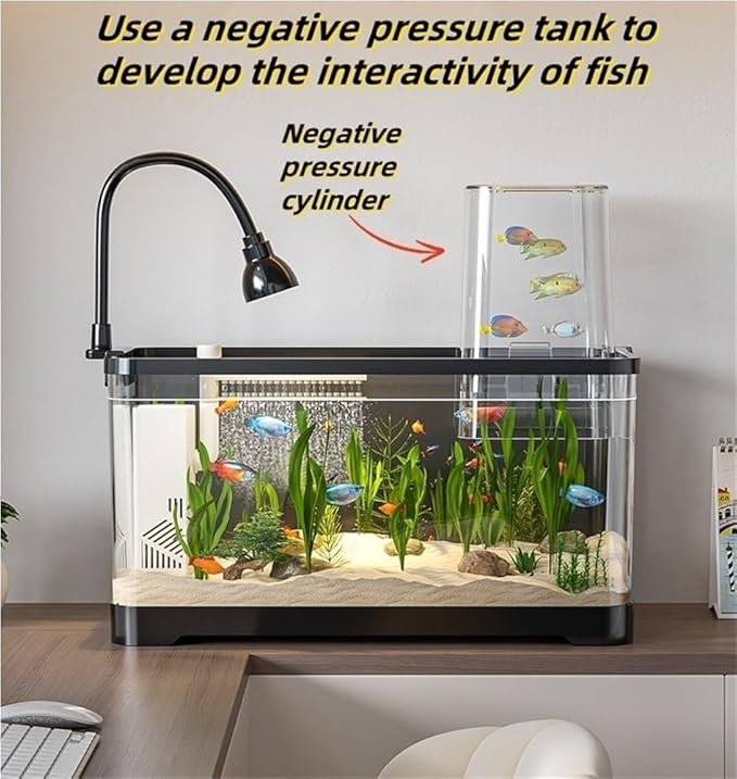 4 Gallon Fish Tank, Small Tabletop Fish Tank, Aquarium with Negative Pressure Tank, Fish Aquarium with Spotlight and Water Pump, Betta Fish Tank Starter Set(Black,15.3x8.5x13.4in)