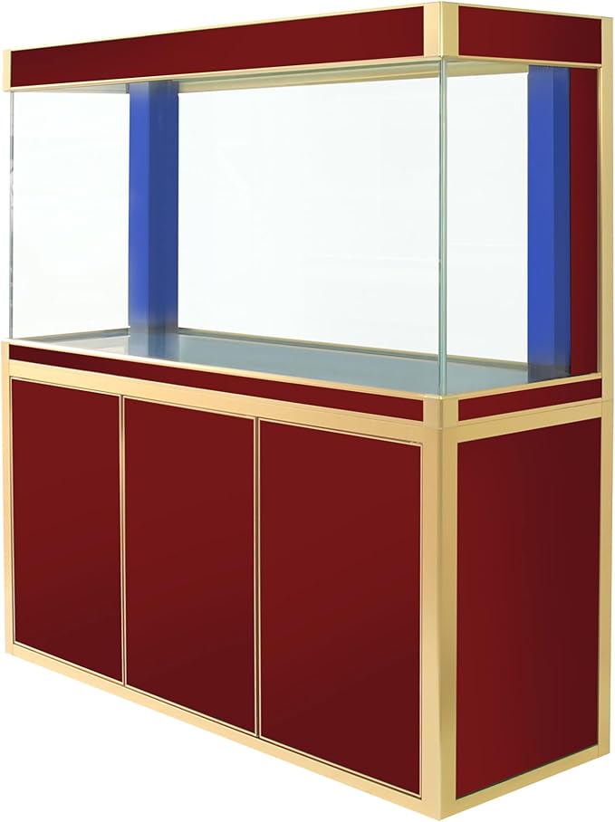 170 Gallon Aquarium Fish Tank LED Light Pump Freshwater Filter Upright Fishtank Stand Bundle Straight Corners Ultra Clear Tempered Glass with Complete Aquarium Setup (Red with Gold Trim)