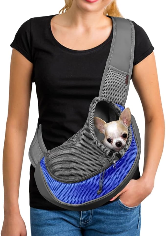 YUDODO Pet Sling Carrier for 10-15 lbs Small Dogs & Cats – Hands-Free Puppy Carrier with Safety Hook, Large Zipper Pocket, Soft Breathable Mesh, Adjustable Strap & Reflective Strip (Blue 1.0 L)