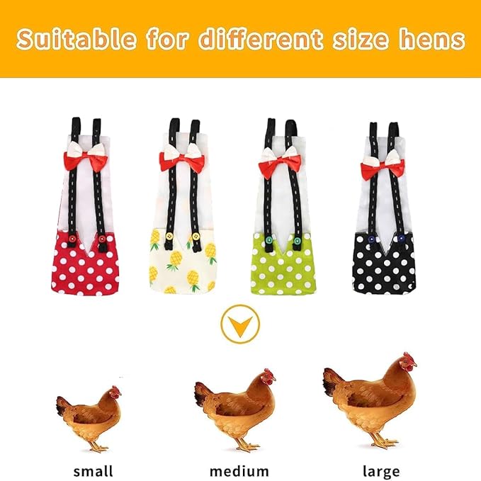 MANON ROSA Chicken Diapers Bantam Hens - Reusable 4-Piece Set with Bow Ties Poultry Nappies Washable Waterproof for Geese Pet Ducks Silkie(4D L)