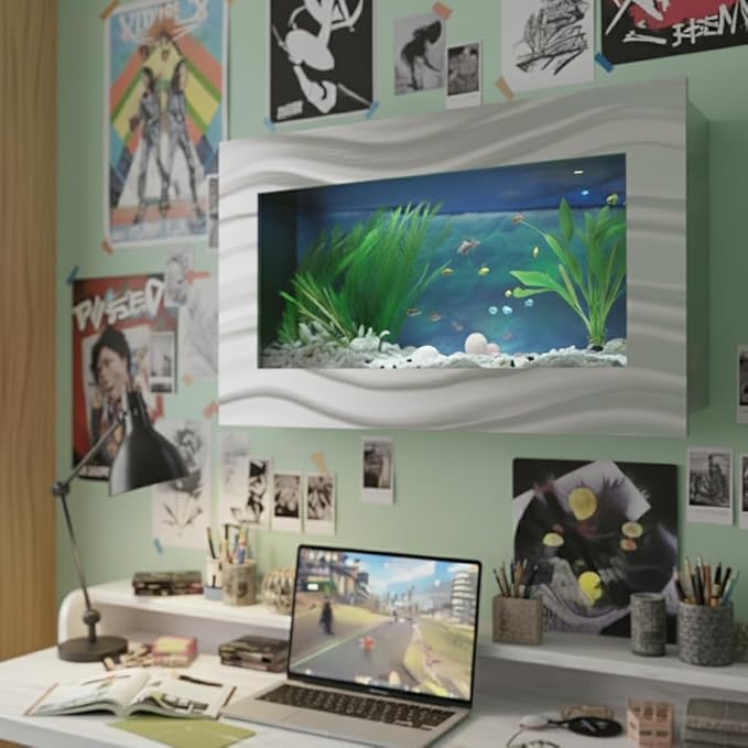 Aussie Aquariums 3.0 Wall Mounted Fish Tank Kit with LED Lighting, Built-in Filter System, Modern Space-Saving Design, Complete Accessories Set (Skyline, Silver)